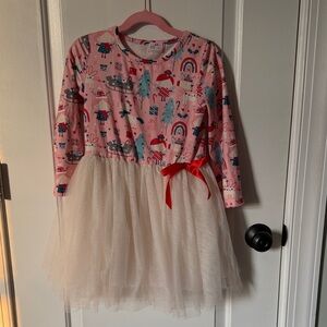 Pink and Cream Holiday Dress with Red Bow